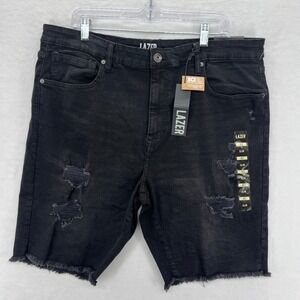 LAZER Men Slim Fit Black Denim Shorts Ripped Distressed Raw Hem Size 40